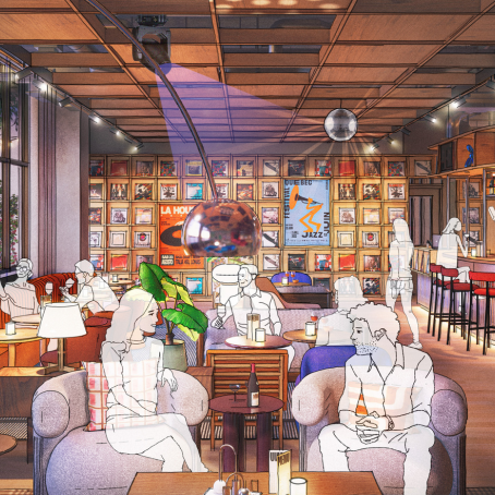 Illustrated lounge and bar interior with guests seated in armchairs and at tables, surrounded by record displays, warm wooden décor, plants, and hanging disco balls.
