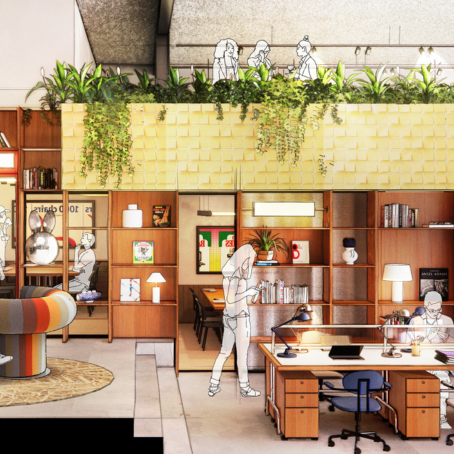 Illustrated coworking space with wooden bookshelves, desks, indoor plants, and people working beneath a plant-filled mezzanine.
