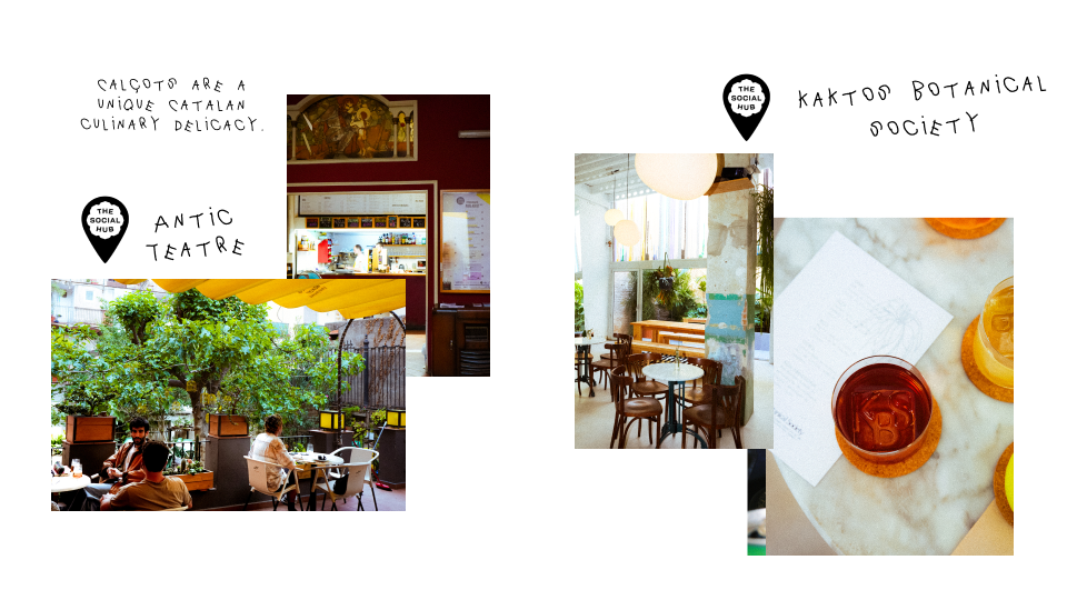 a collage like collection of images depicting the food and drink scene. image one is an outdoor terrace at a cafe with people sitting at tables. image two is the inside of a bar with a menu on the wall. image three is an empty cafe with lights and chairs. the fourth image is a close up of a brown orange bevarage on a marble table.