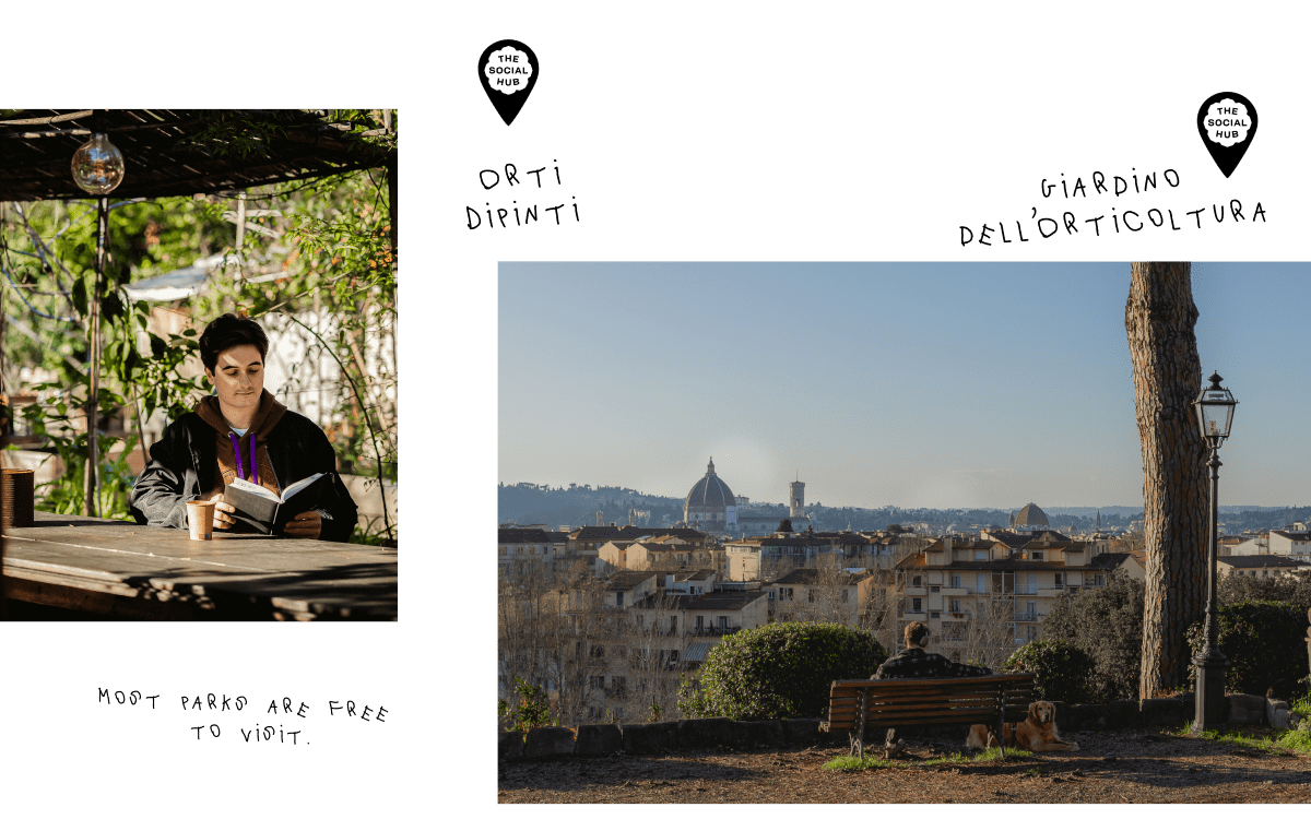 Two images depicted; in the first one a guy reading a book in the park, in the second one a view of Florence from a park