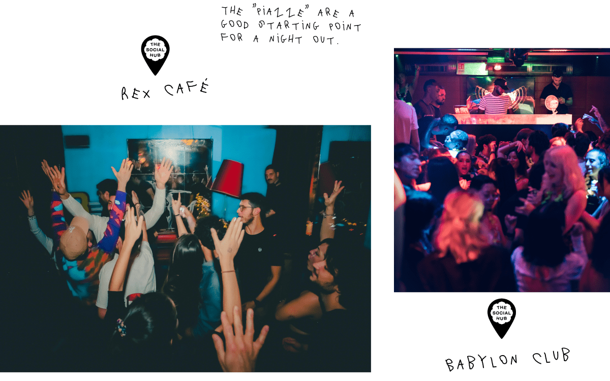 Two photos of people dancing and enjoying nightlife in Florence, Italy. The left photo shows a crowd with hands raised at Rex Café, described as a good starting point for a night out. The right photo shows a lively atmosphere at Babylon Club with people dancing and a DJ playing music.