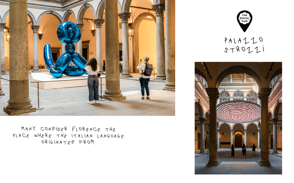 Art and culture in Florence, Italy. The left image shows people admiring a large blue sculpture inside a historic building, possibly at Palazzo Strozzi. The right image shows the interior of Palazzo Strozzi, with people observing an art installation under the arches of the courtyard.