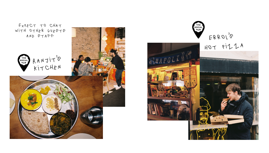 collage arrangement of images showing a plate with Indian food, people standing and sitting at a table in the Indian restaurant, guy eating pizza and the window of a pizza place in Glasggow.