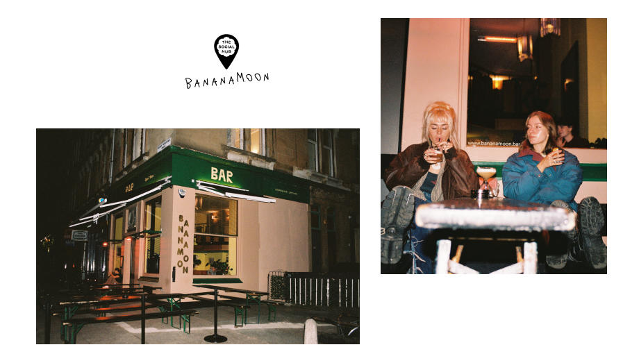 multiple images arranged in a collage, showing the pink and green building of a bar, two girls drinking a cocktail in that bar.